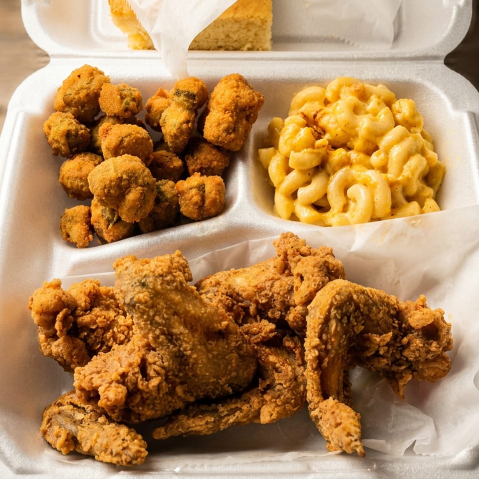 Fried chicken, fried okra, mac and cheese, and cornbread in a takeout container on wood.