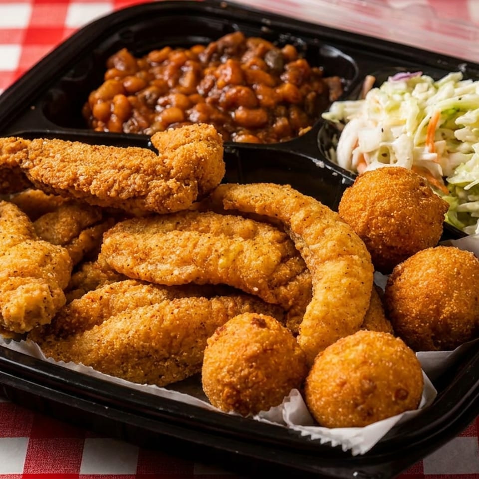 Fried chicken tenders, hush puppies, coleslaw, and baked beans in a black takeout container on a red and white checkered tablecloth.