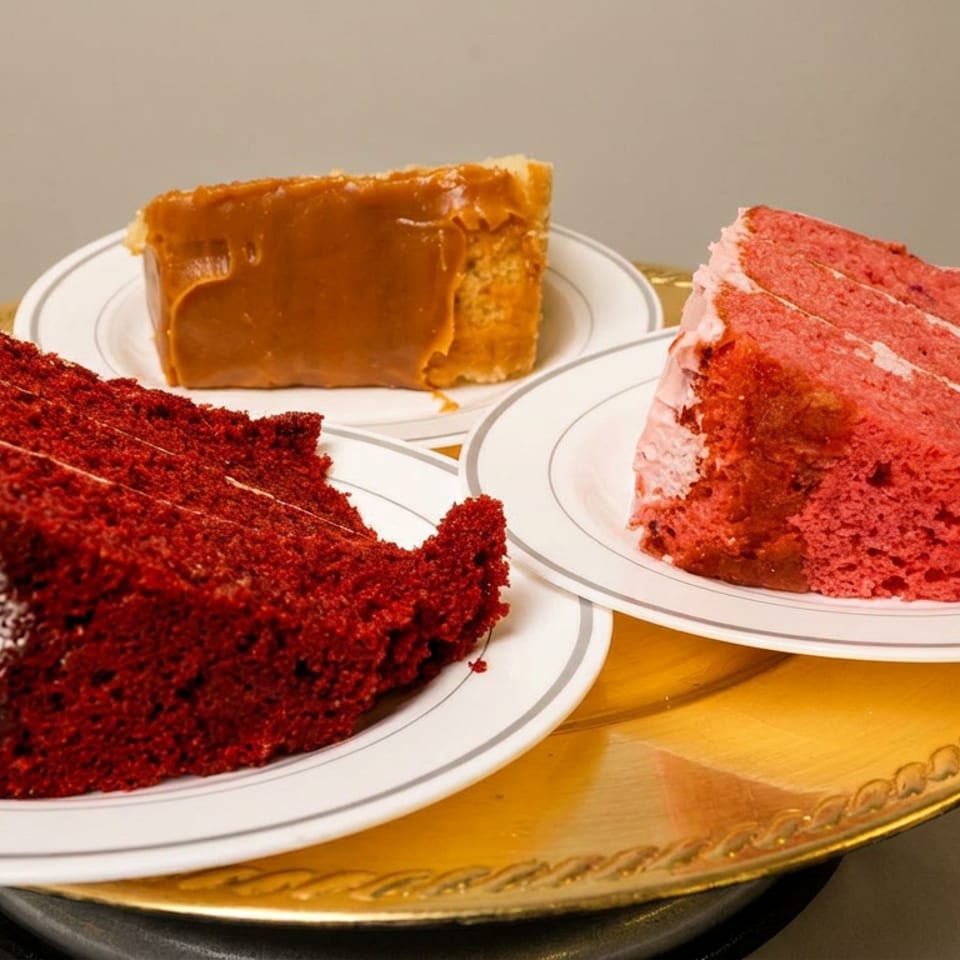 Three slices of cake on white plates, including red velvet, strawberry, and caramel.
