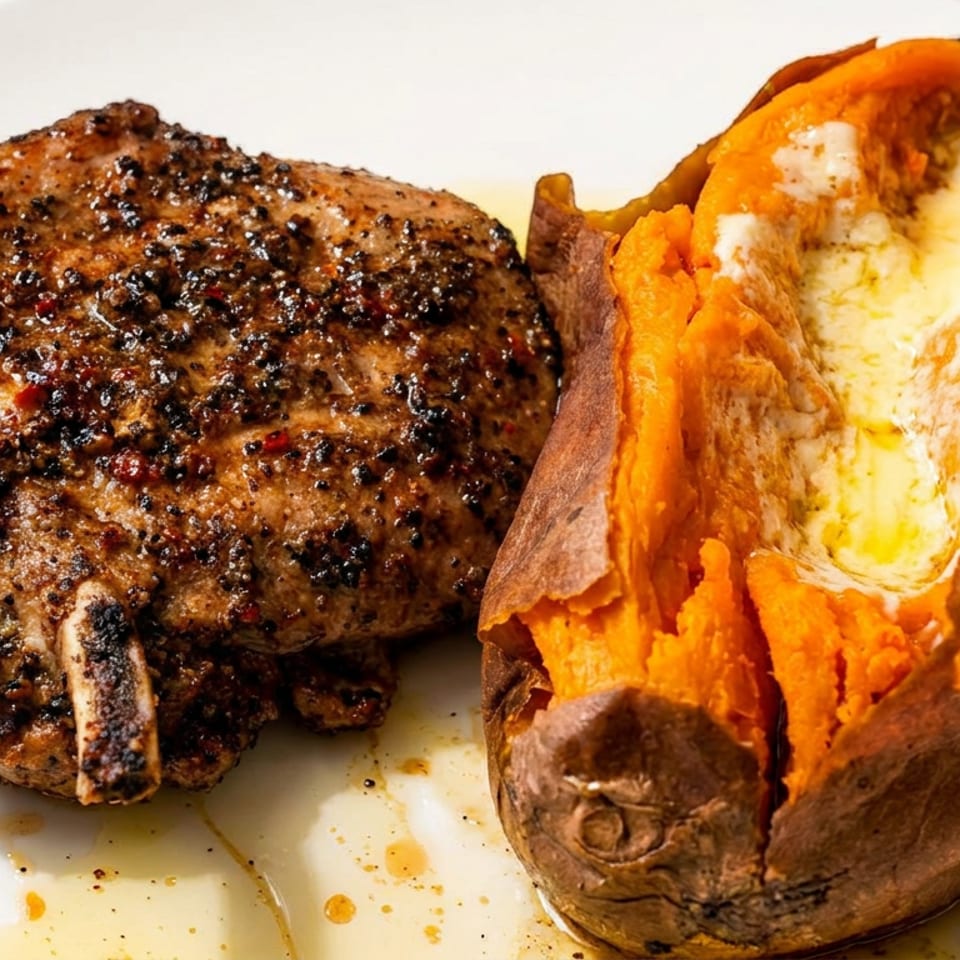 A grilled pork chop seasoned with pepper and a baked sweet potato with melted butter.