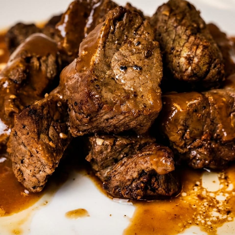 Close-up of tender beef tips coated in a rich brown gravy on a white plate.