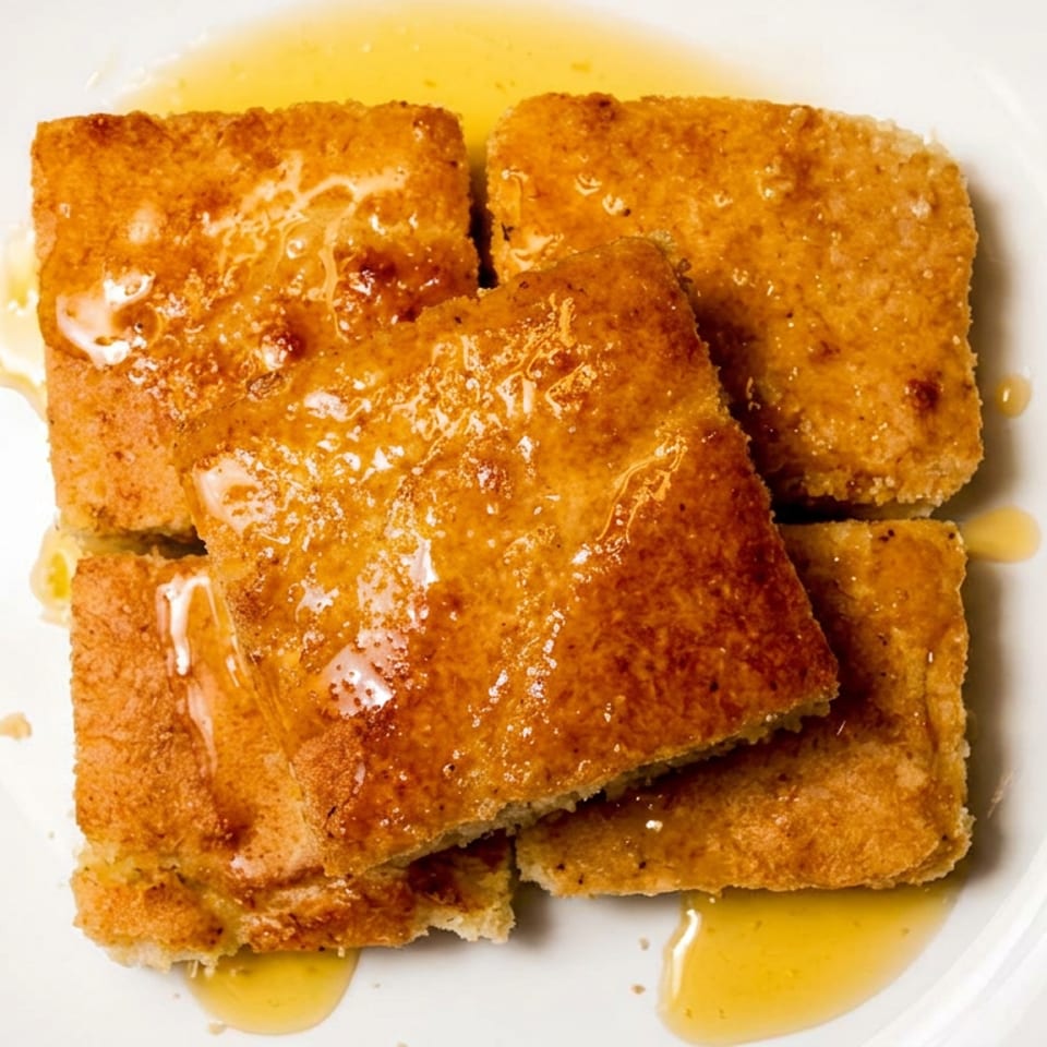 Golden-brown French toast squares drizzled with syrup, arranged on a white plate.